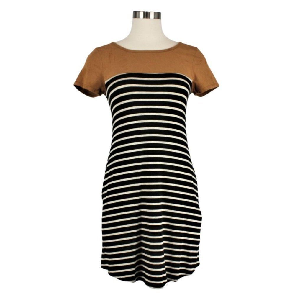 T-Shirt Dress Knee Length Short Sleeve Color Block Striped Black & Tan Sz Small